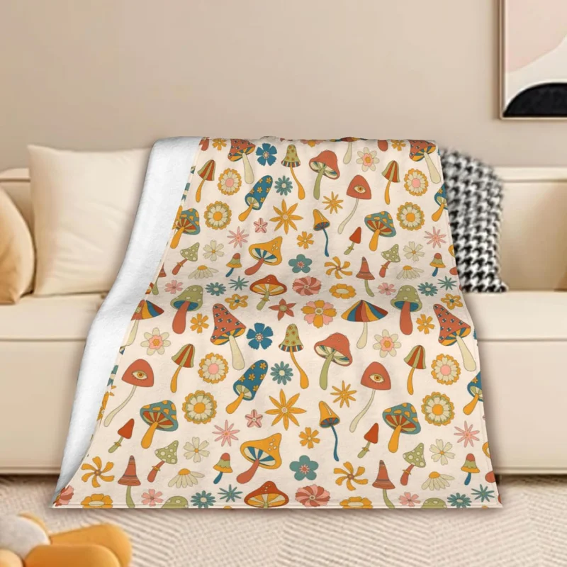 

Mushroom Blanket Retro Groovy Mushroom Bohemian Hippie Daisy Print Bedroom Sofa Cover Blanket