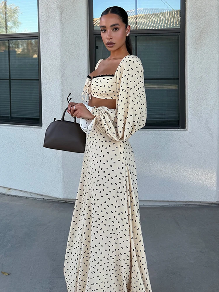 Langärmlige, kurz geschnittene Oberteile mit Polka Dots, lange Röcke, Anzüge für Damen, sexy, geteilte Spitzenoberteile, A-Linien-Röcke, Sets, schicke Damen-Partykleidung, neu – Detail 17