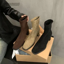 Vintage Stylish Women's Short Boots 2024 Autumn Winter Single Botines Thick High Heels Solid Color Suede Ankle Boots for Women