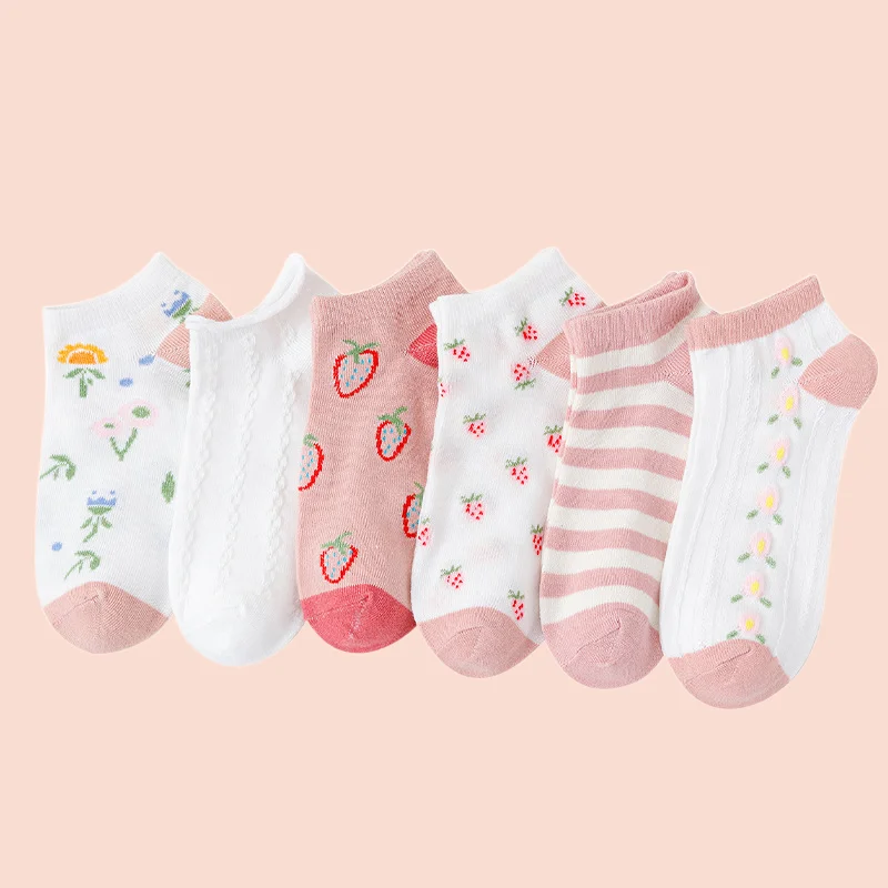 

6/12 Pairs Women's Pink Strawberry Thin Socks Children Shallow Mouth Invisible Socks Cute and Sweet Women's Boat Socks