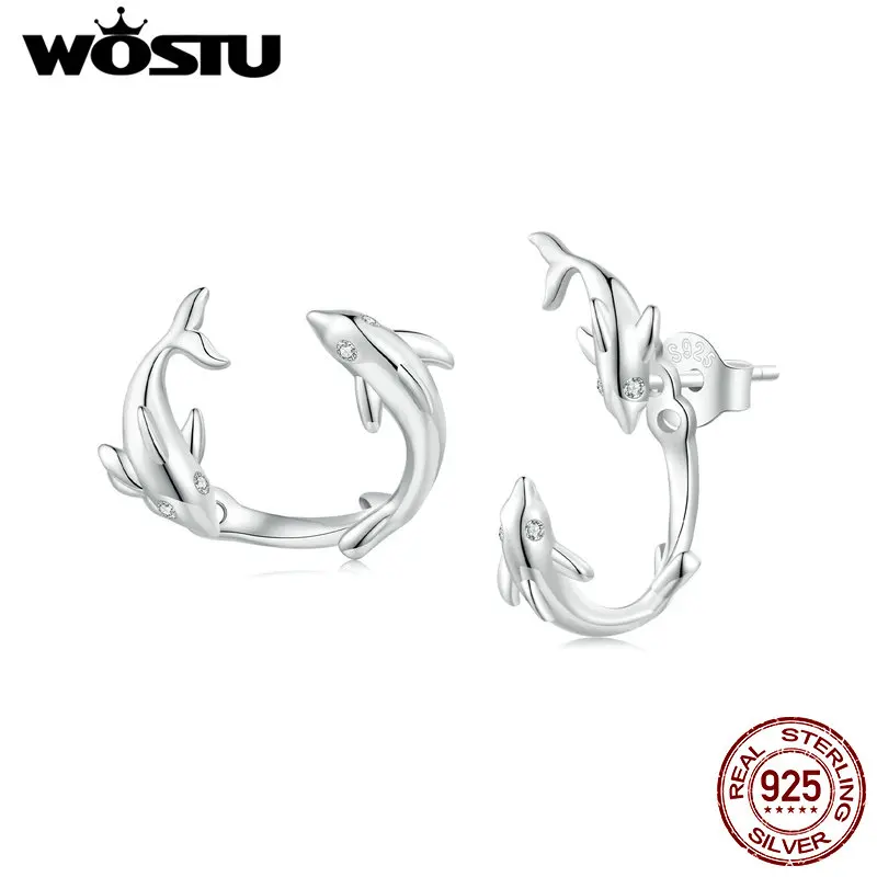 WOSTU 925 Sterling Silver Creative Double Dolphin Stud Earrings for Women Detachable Animal Earrings Wedding Party Jewelry Gift