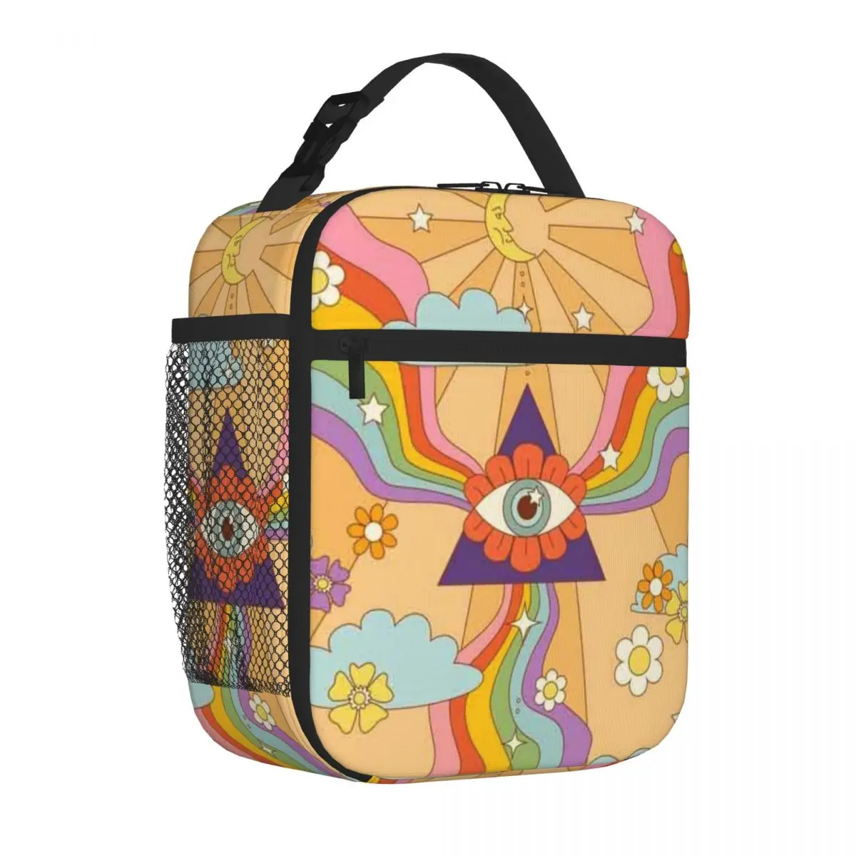 Bestselling Retro Hippie Boho Rainbow Print Splicing Color Meal Bag Park Picnic Office Lunch Bag