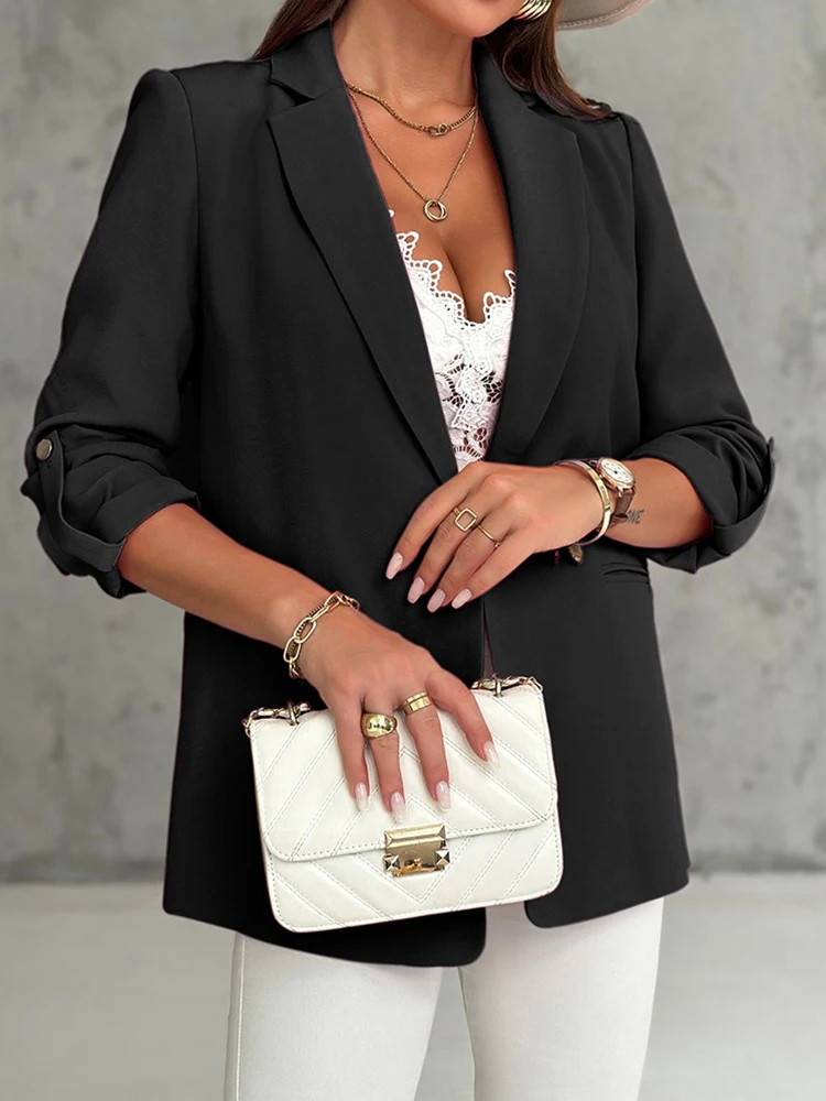 Notched Collar Roll Up Sleeve Blazer Coat