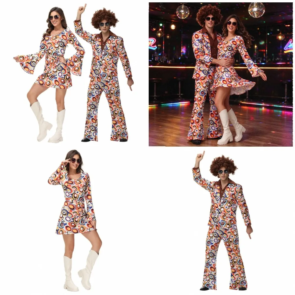 Retro 70s 80s Hippie Cosplay Costume Men Women Disco Rock Hip-Hop Couples Purim Music Festival Party Stage Performance Dress Up
