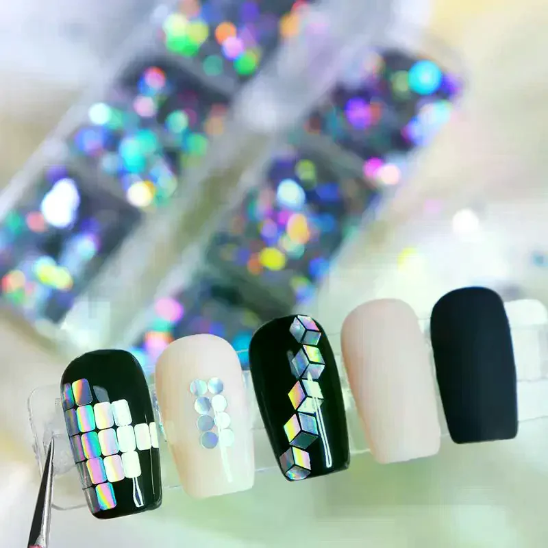 6 그리드 네일 강화 레이저 네일 글리터 플래시 기하학적 패턴 네일 장식 네일 참 DIY 매니큐어 도구