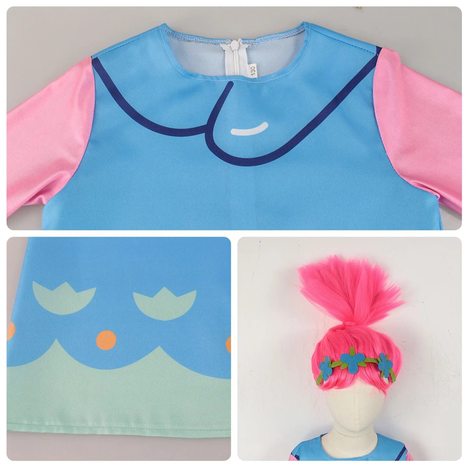 Magical Princess Poppy Costume Fancy Girls Outfits Blue Dress Pink Wig Adult Kids Halloween Carnival Birthday Party Cosplay Suit - view 5