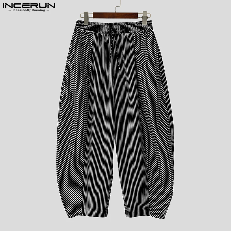 INCERUN ファッション男性ストライプパンツ巾着ジョガールーズカジュアルズボン男性ストリート 2025 オーバーサイズワイドレッグロングパンツ