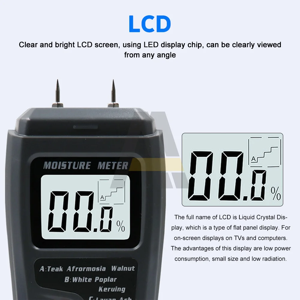 Orange 0-99.9% Penguji Kelembaban Kayu Digital Dua Pin Penguji Kelembaban Kayu Tampilan LCD Hygrometer Detektor Kelembaban Kayu