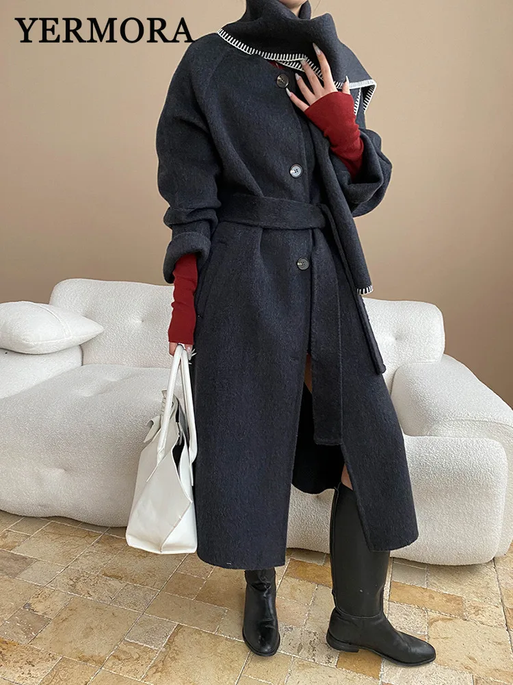 

YERMORA женское серое шерстяное пальто с шарфом и вышивкой, свободное новое пальто с круглым вырезом и длинными рукавами, модное пальто, осень-зима 2025