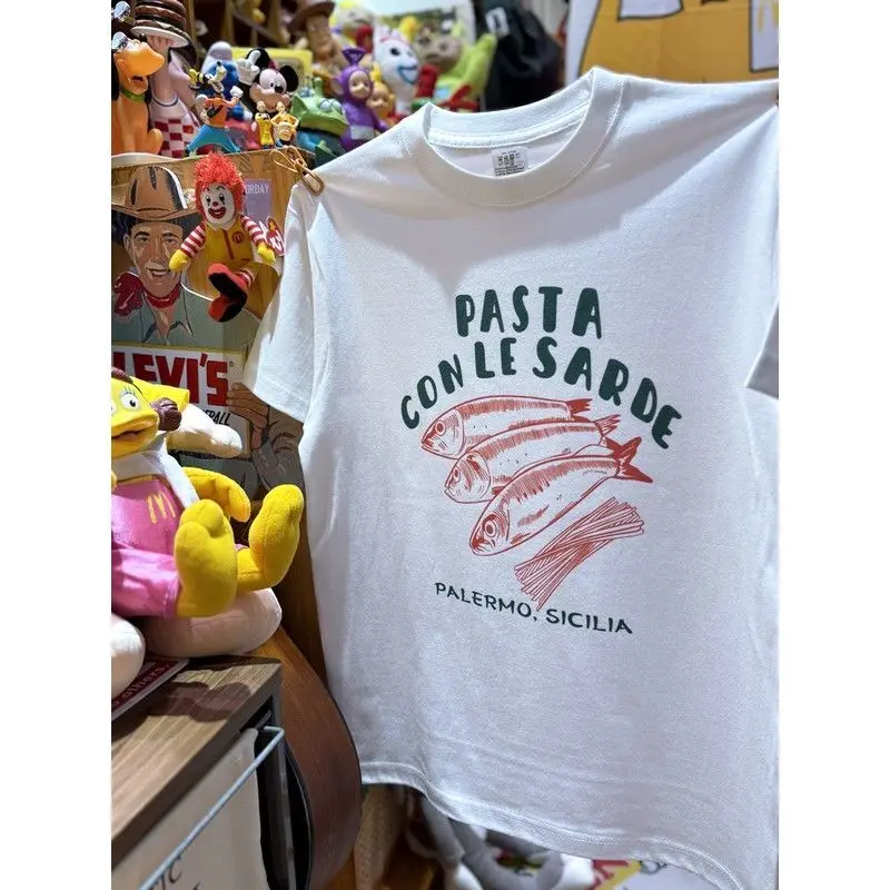 

Imprimé T À Manches Courtes Pour Hommes Et Femmes En Pur Coton Décontracté Rétro Américain Poisson Et Pâtes