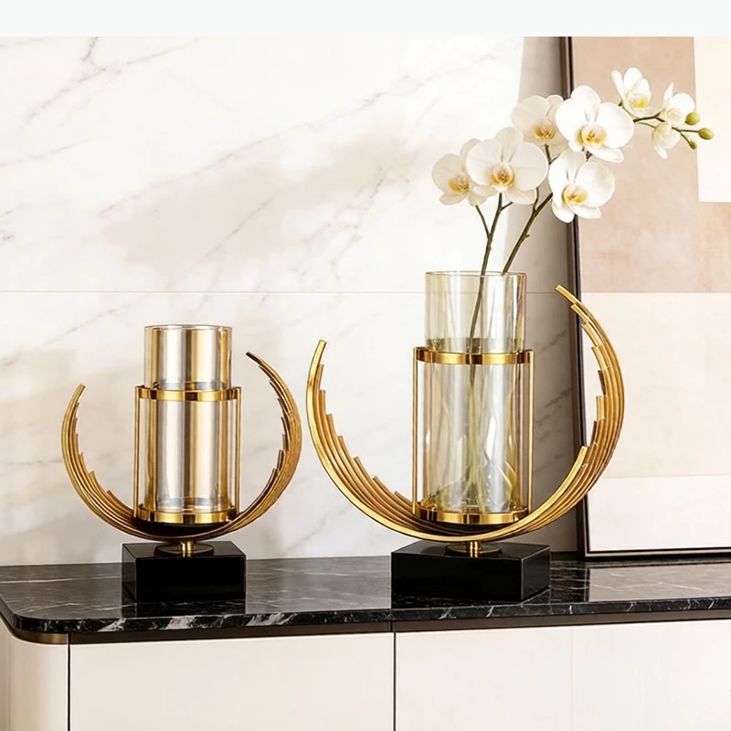 Jarrón de Vidrio Dorado Minimalista con Base de Aleación, Decoración de Escritorio, Macetas, Arreglos Florales, Jarrones Florales, Decoración Estética para Habitaciones