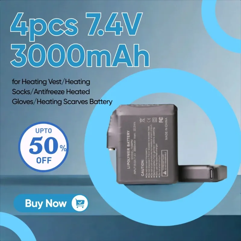 

4pcs 7.4V 3000mAh Rechargeable Lithium Battery for Heating Vest/Heating Socks/Antifreeze Heated Gloves/Heating Scarves Battery