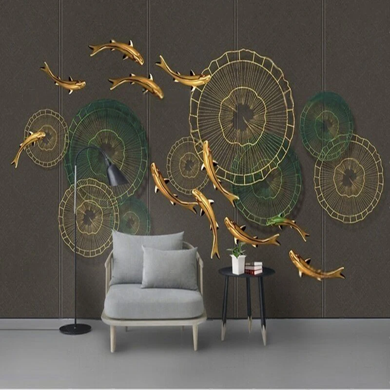 

Modern abstract 3d ironwork metal lotus leaf goldfish relief TV luxury home decoration bedroom carved background wall