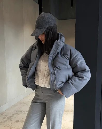 

Women Fashion Grey Cotton Coat Chic Solid Stand Collar Full Sleeve Zipper Loose Short Jacket Lady Winter Daily Commute Outerwear