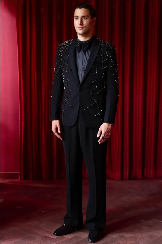 

Black Crystals Men Suit Set 2 Pcs Blazer+Pants Trousers Designer Cotton Customized Formal Office Jacket Wedding Tuxedos Coat