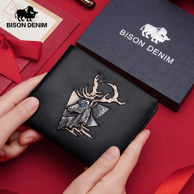 BISON DENIM Men's Short Wallet Fashion New Card Holder Multifunction youth  Genuine Leather Business Purse 2024 new wallet gift