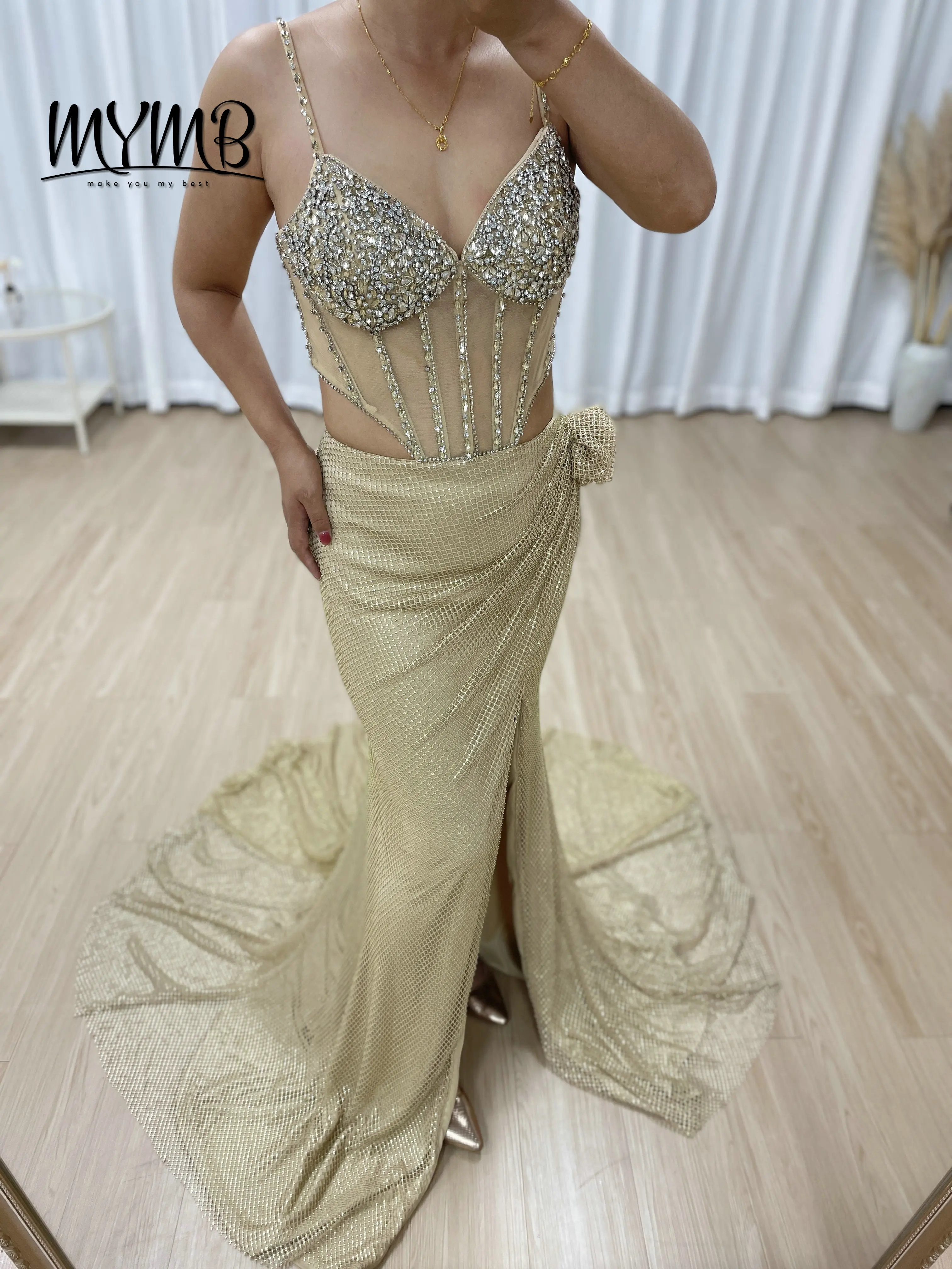 MYMB Chic Style Ruched Waist Embellished With Dazzling Diamond Sleeveless High Split Evening Dress for Formal Occasions MB40407