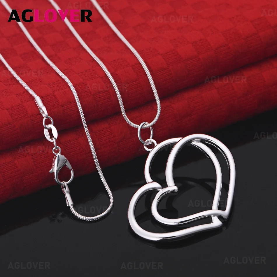 

AGLOVER 925 Sterling Silver Double Heart Pendant Necklace Fashion Commuter Personality Women's Gift Jewelry