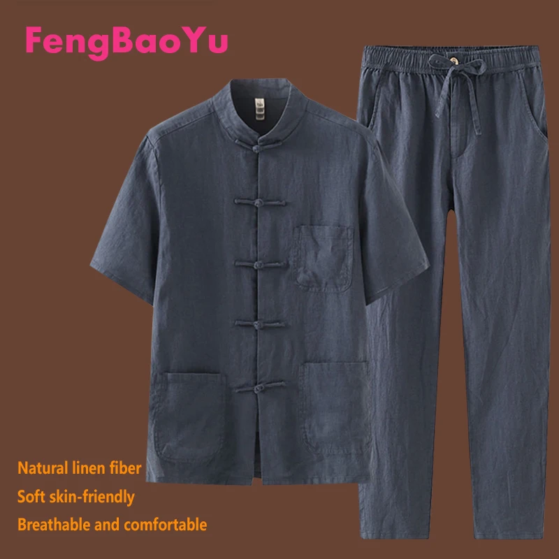 

Fengbaoyu High-end Linen Men's Suit: Short-Sleeved Shirt and Pants Set. Chinese-style retro casual style elegant appearance.