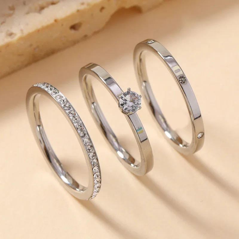 

New Trendy Stainless Steel Ring For Women Three-Piece Set Zircon Classic Fashion Finger Accessory Jewelry Female Gifts