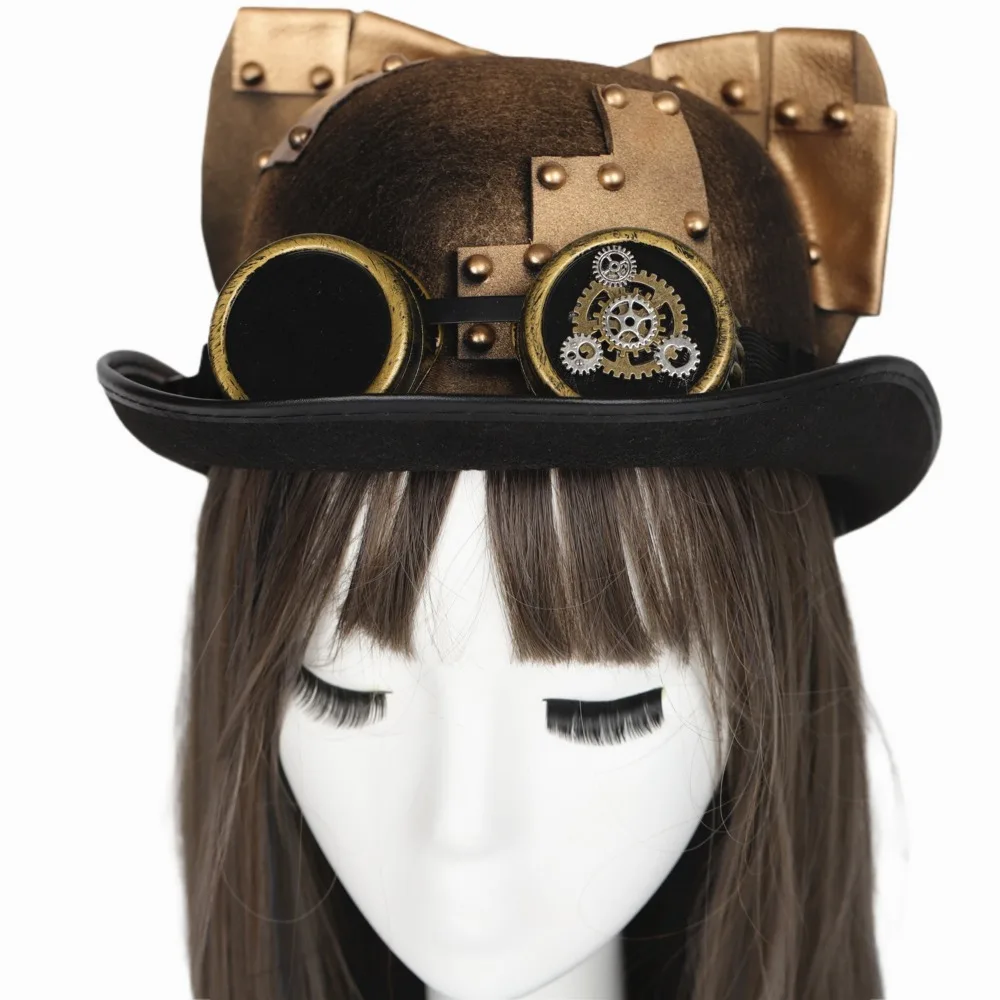 

Unisex Steampunk Top Hat with Ears & Goggles - Halloween Cosplay Prop, Gothic Victorian Style
