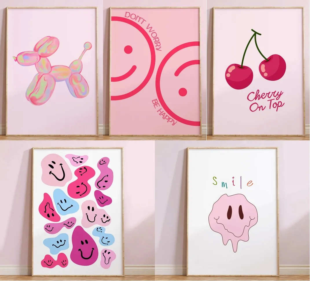 Modern Fashionable Wall Art Pink Blue Lovely Style Canvas Painting Cute Smile Balloon Puppy Cherry Gummy Bears Print Home Decor