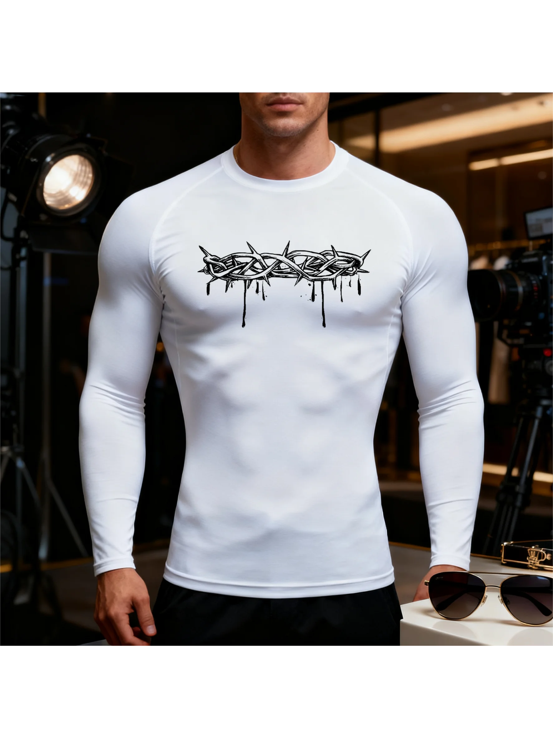 

Men thorns print Compression Running T-Shirt Fitness Tight Long Sleeve Sport T-shirt Training Jogging Shirts Quick Dry Clothes