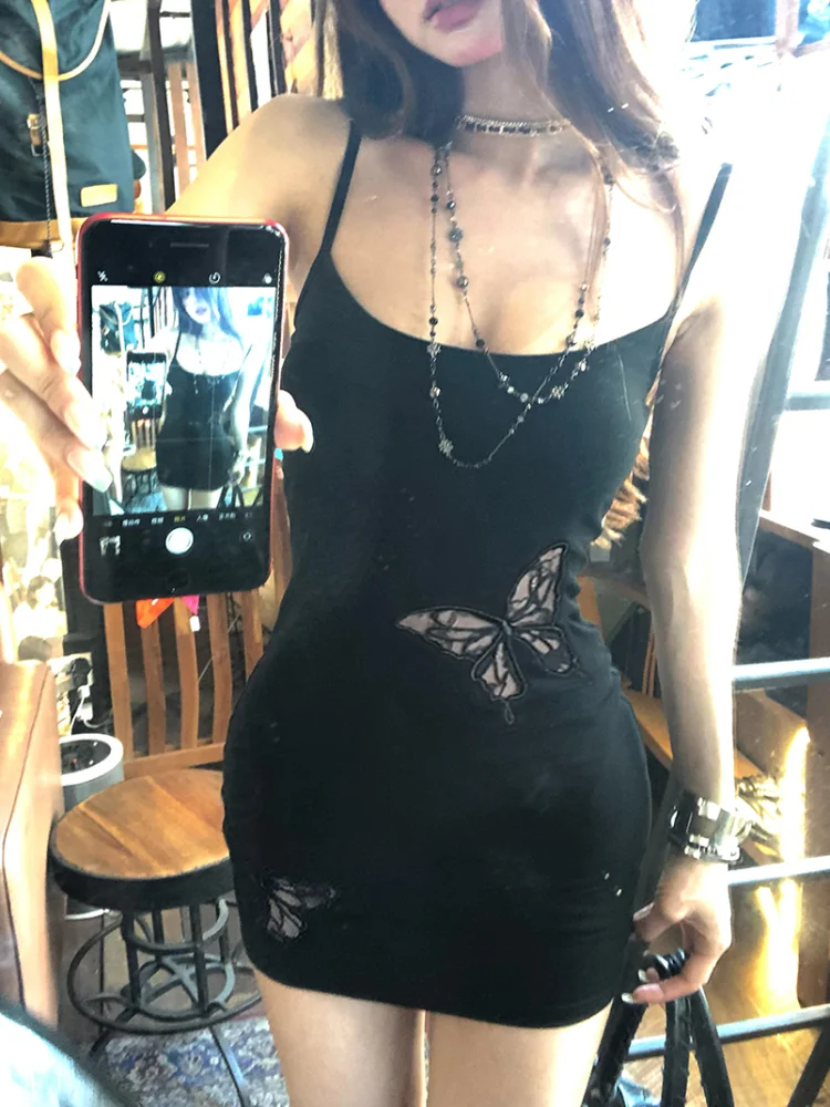 Zomer Spaghetti Band Mini Jurk Vrouwen Sexy Bodycon Club Party Jurken Hol Vlinder Hemdje Zwarte Schede Zonnejurk