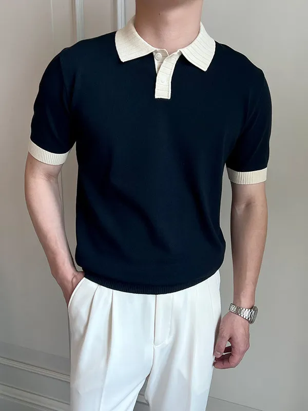  Casual Short Sleeve  Shirt Men's Summer New Business Fold Collar Knitted T-shirt Breathable Color Block Top