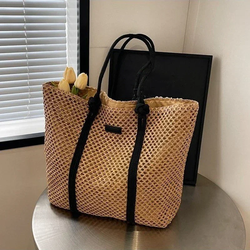 

Summer Woven Straw Tote Bag Casual Beach Vacation Women Shoulder Bags Large Capacity Female Handbags Solid Color