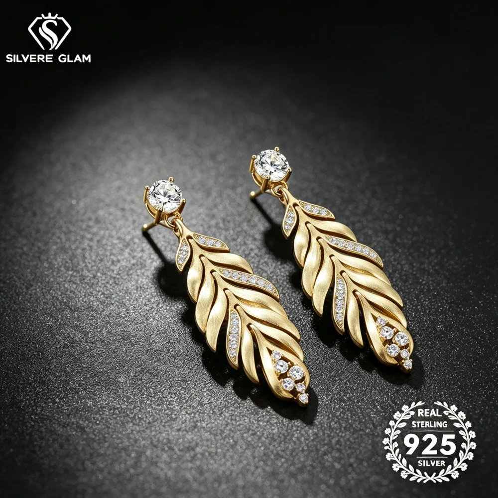 925 Sterling Silver Matte Leaf Feather Drop Moissanite Earrings D VVS1 Round Pave Multi Stone Vintage Fine Jewelry For Women