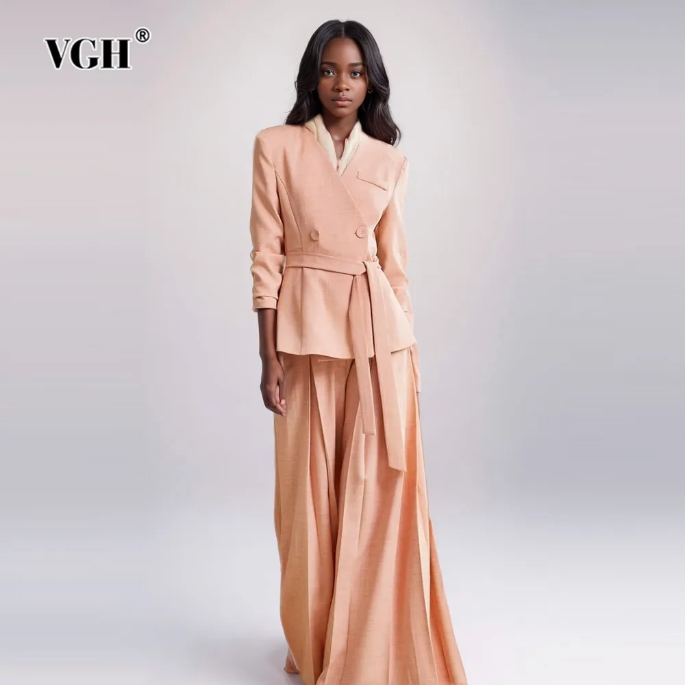 

VGH Minimalist Two Piece Sets For Women V Neck Long Sleeve Spliced Lace Up Blazers High Waist Wide Leg Pants Casual Set Female