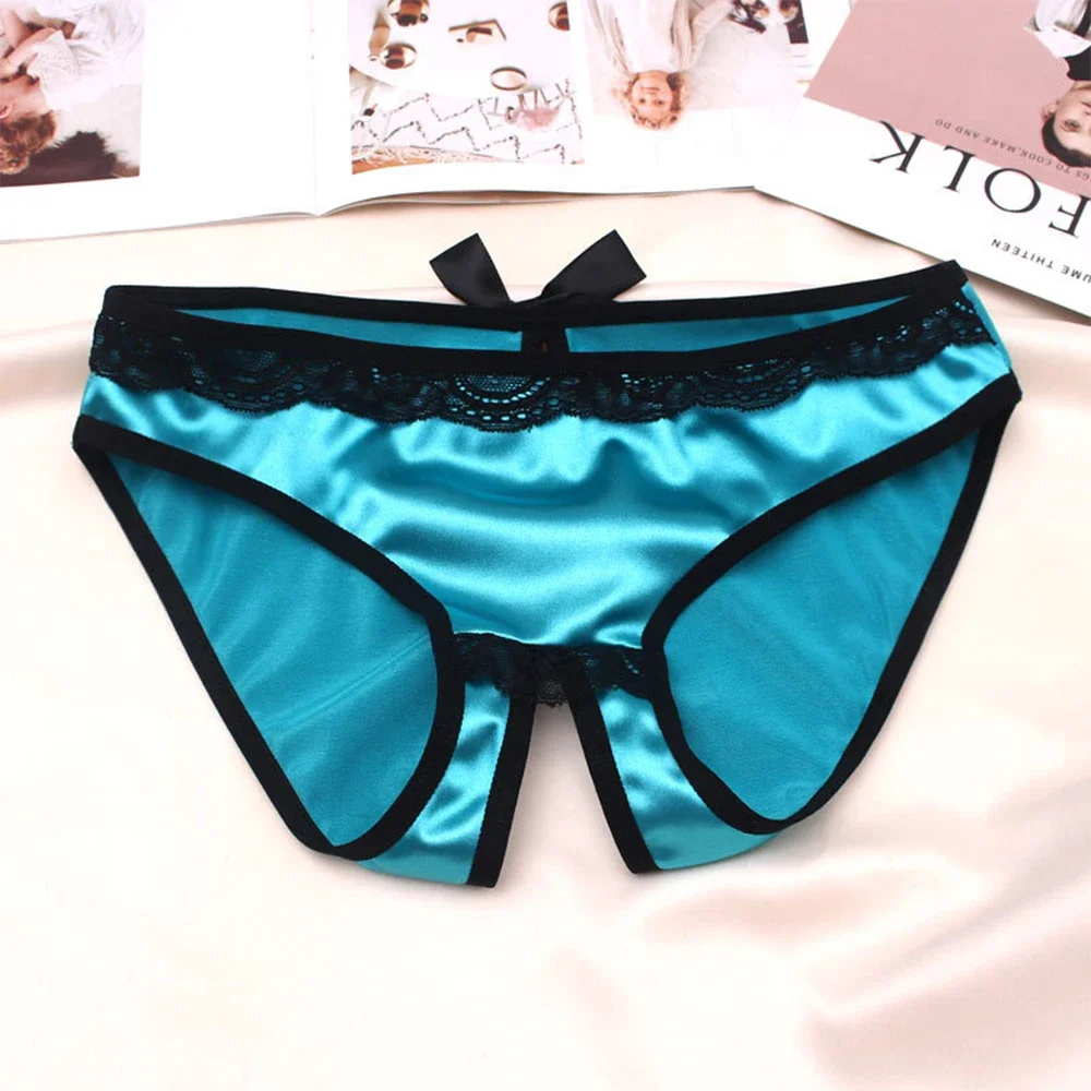 Women Sexy Open Crotch Panties High Quality Luxury Underwear Fashion Bow Silk Satin Underpants Comfortable Crotchless Briefs