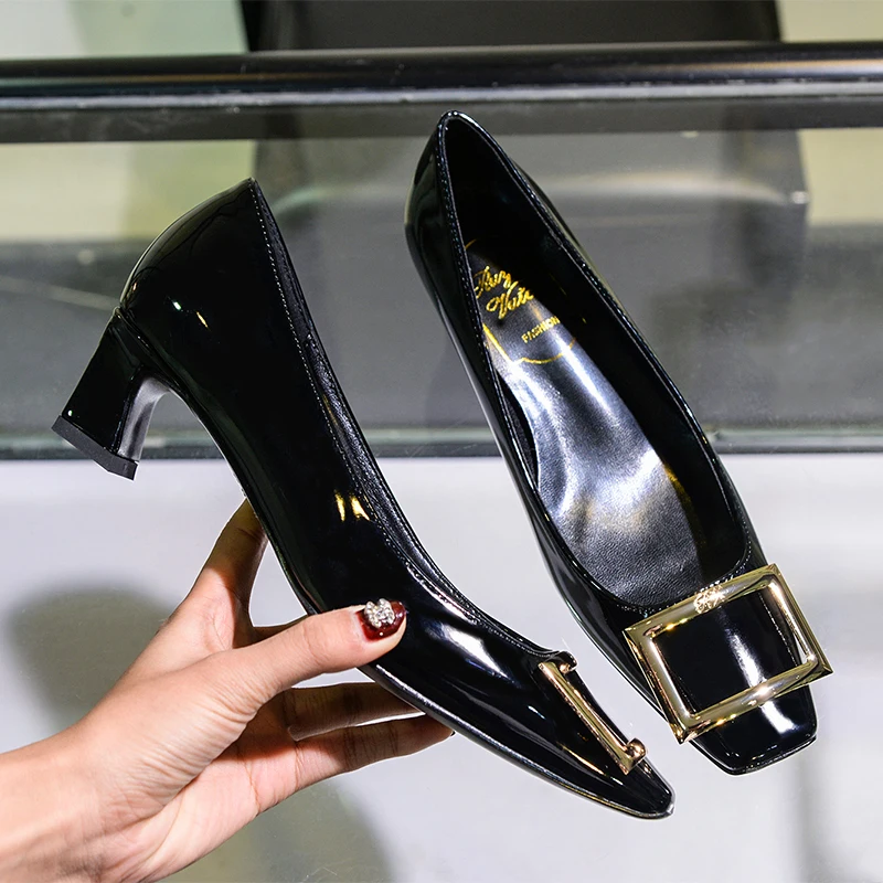 ruyan-vuicr-classic-style-gold-buckle-square-head-chunky-heel-single-shoes-high-heels-professional-women's-shoes-wedding-shoes