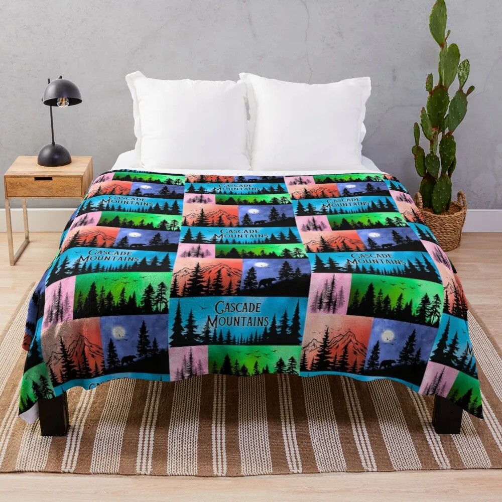 Cascade Mountains Pop-Art Design Nature Silhouette with Evergreen Forests & Bears Throw Blanket Luxury Brand Soft Beds Blankets