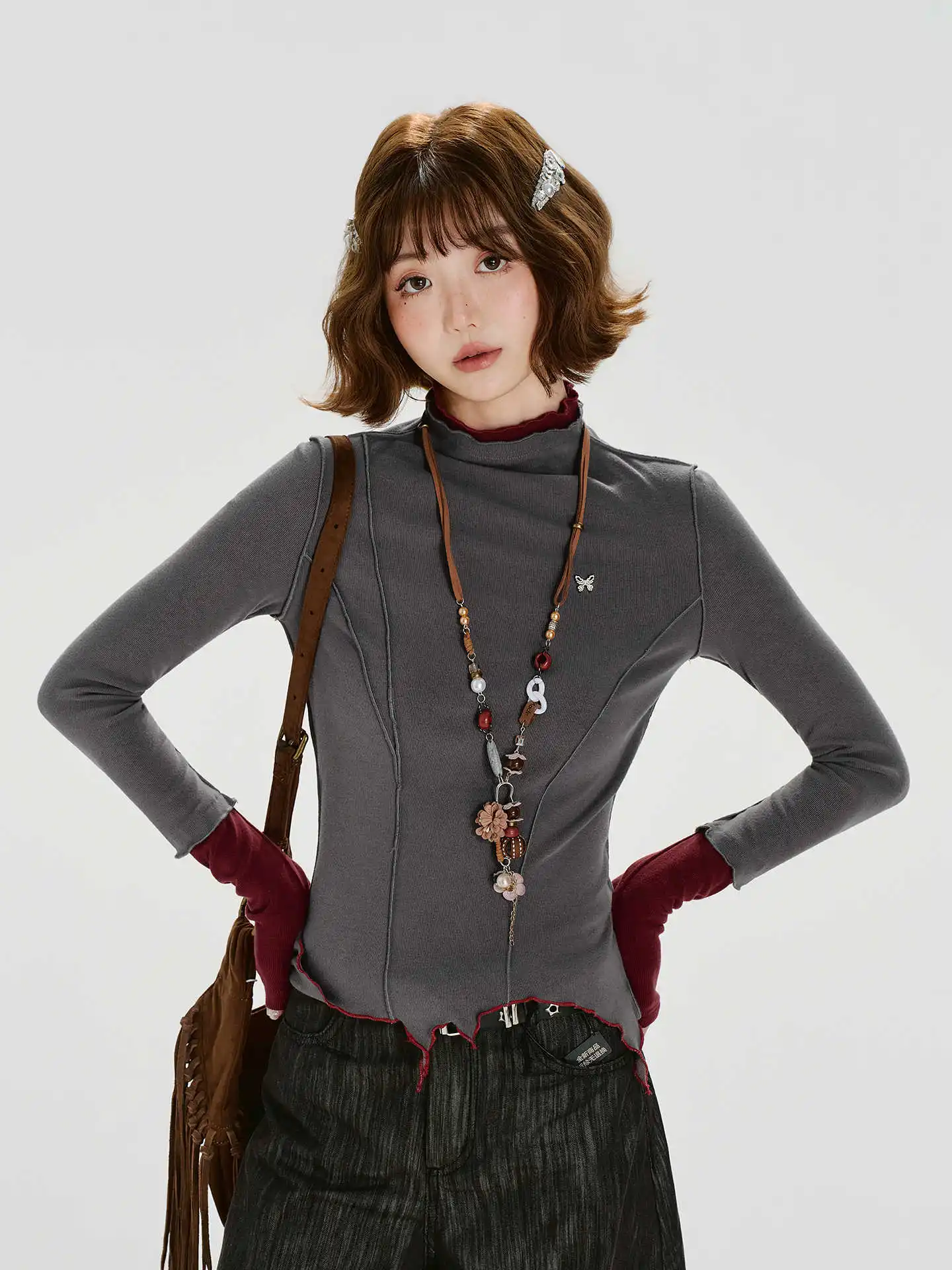 

Однотонные лоскутные водолазки, облегающие футболки, винтажные вязаные топы, облегающие топы с длинными рукавами и высоким воротником, 2026, весна-осень, женские