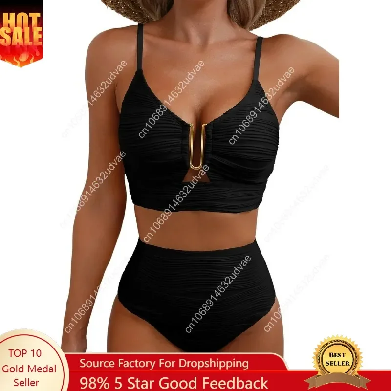 Herseas 2-teiliges Bestseller Bikini-Set mit U-Ausschnitt und Cut-Outs, hochtaillierter, texturierter Badeanzug für den Sommer 2025 – Strand- und Schwimmbadeanzüge