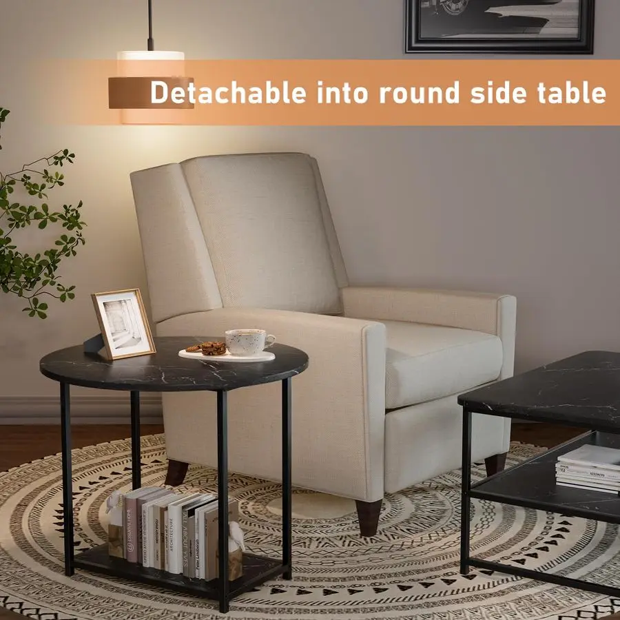 Coffee Table, Black Modern Coffee Tables for Living Room 2 in 1Detachable Small Center Table Set with Storage, Black Marble