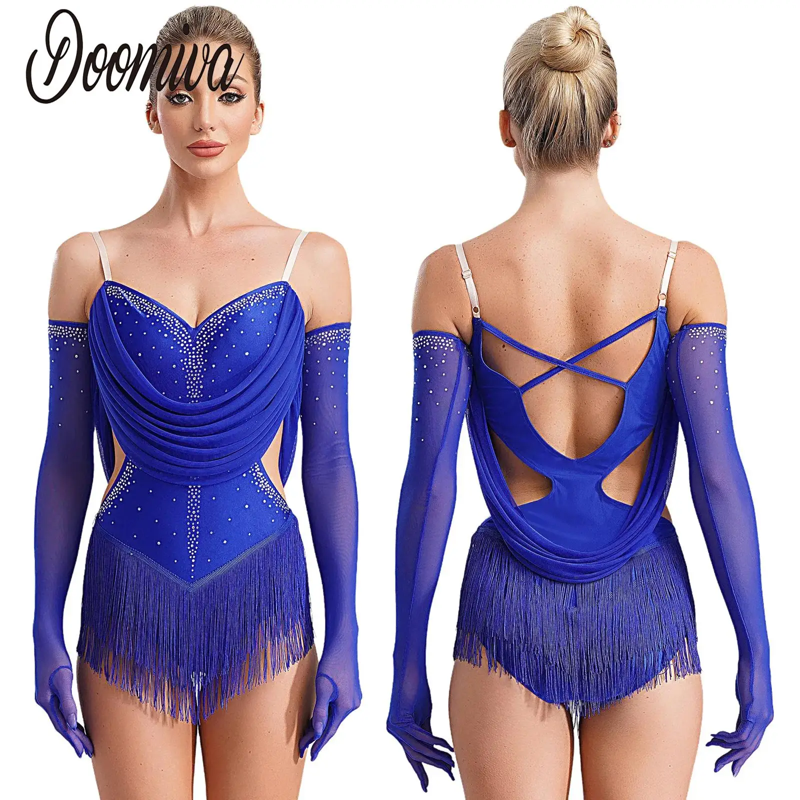 

Women Latin Dance Leotard Dress Cha-cha Samba Tango Performance Costume Sexy Sleeveless Rhinestones Tassel Bodysuit with Gloves