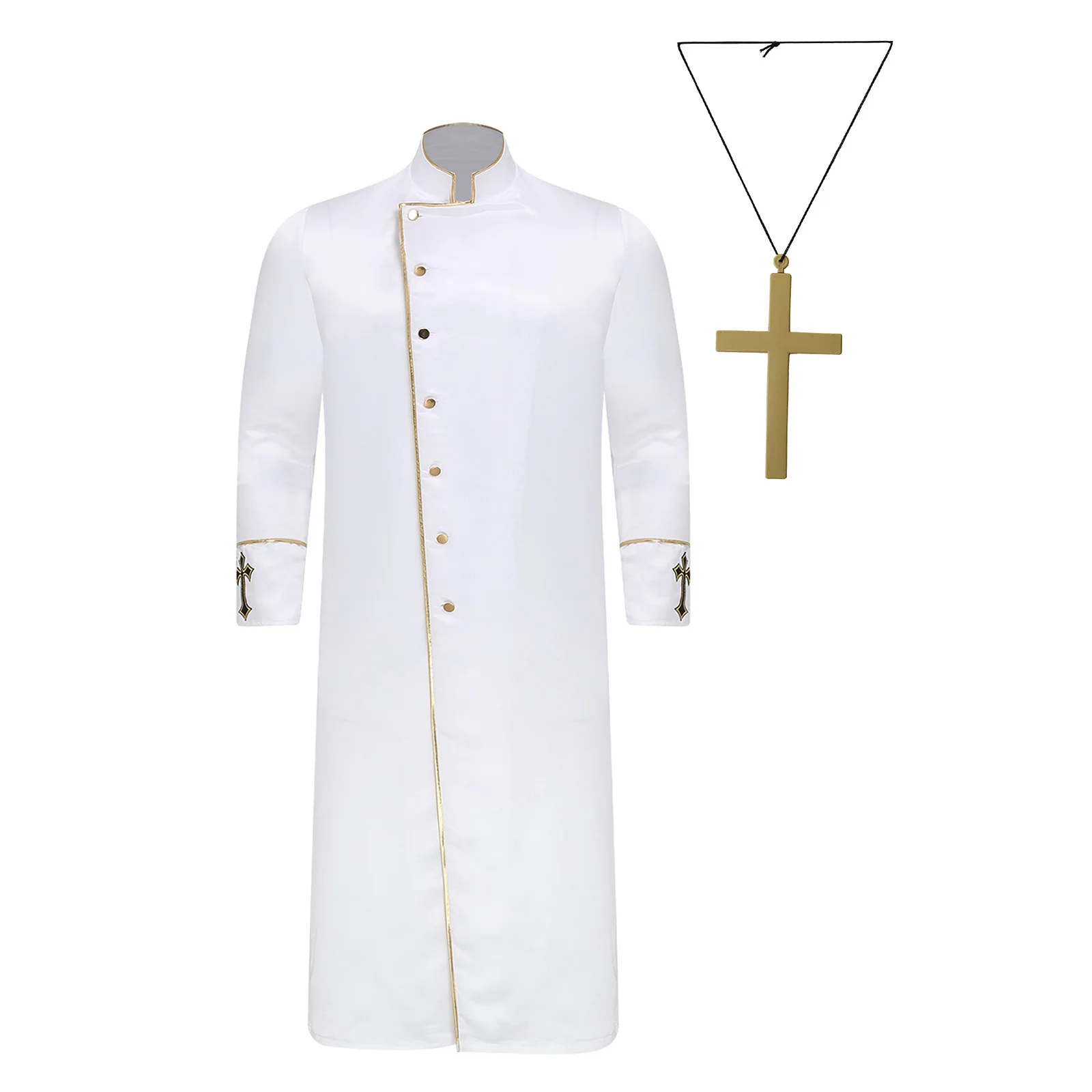 

Men Church Priest Clergy Robe with Cross Necklace Long Sleeve with Cross Embroidery Cassock Jackets for Halloween Cosplay Outfit
