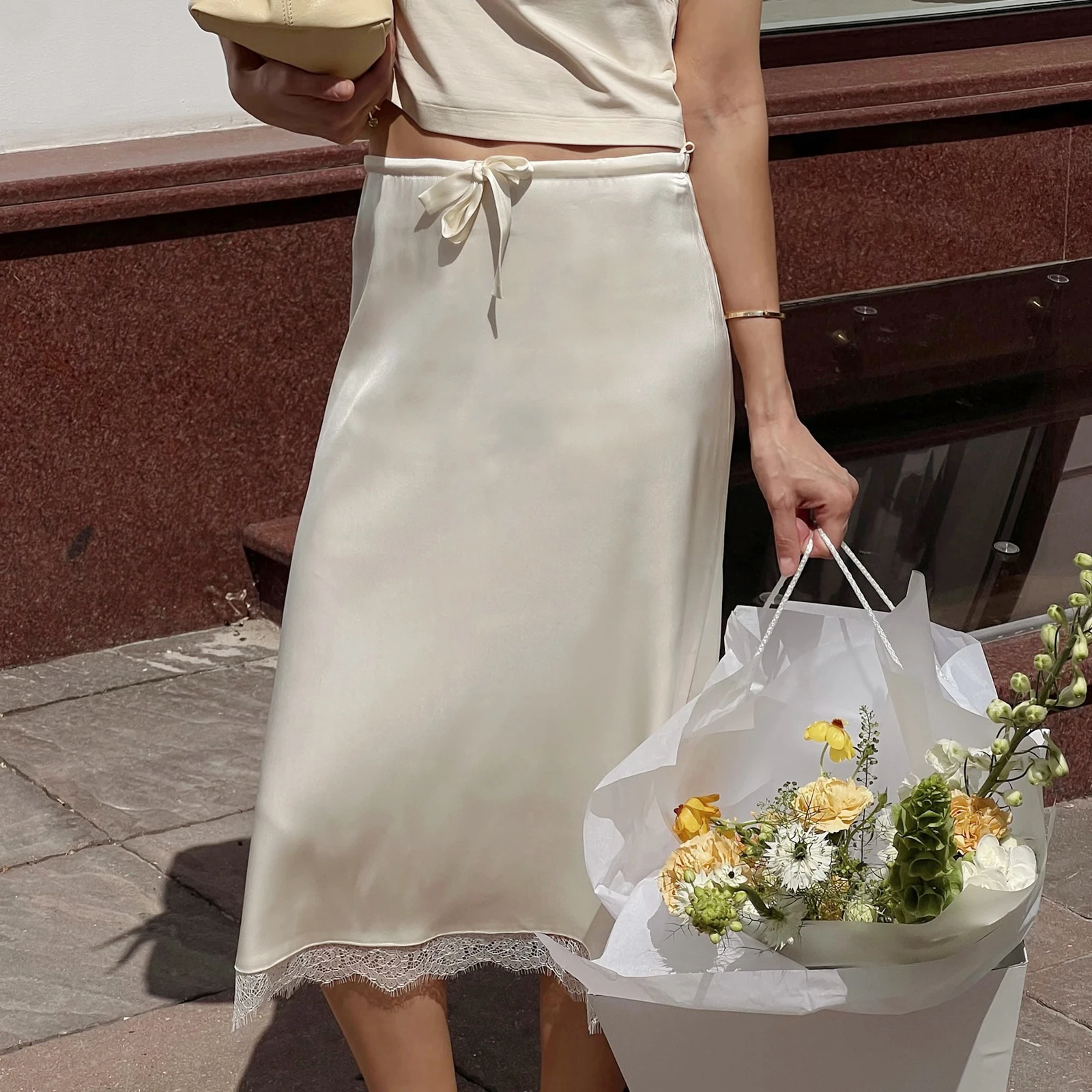 

New Fashion Women Patchwork Lace Satin Skirt French Style Tie-up Elastic Waist Midi Skirt Summer Streetwear Hot Sale S M L