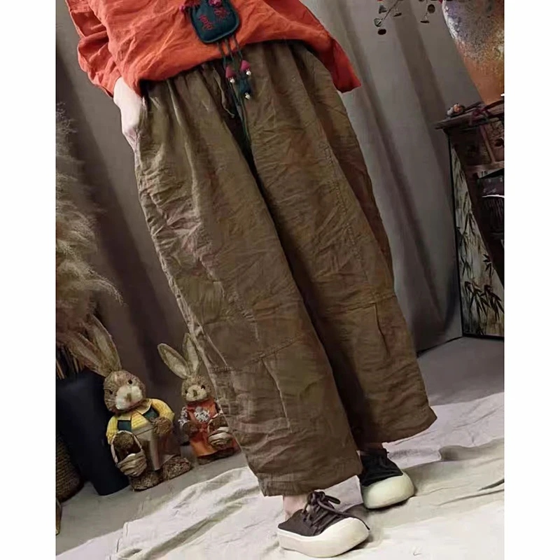 

Весна-лето, женские свободные винтажные брюки до щиколотки с эластичной резинкой на талии, хорошее качество, хлопковые и льняные повседневные широкие брюки