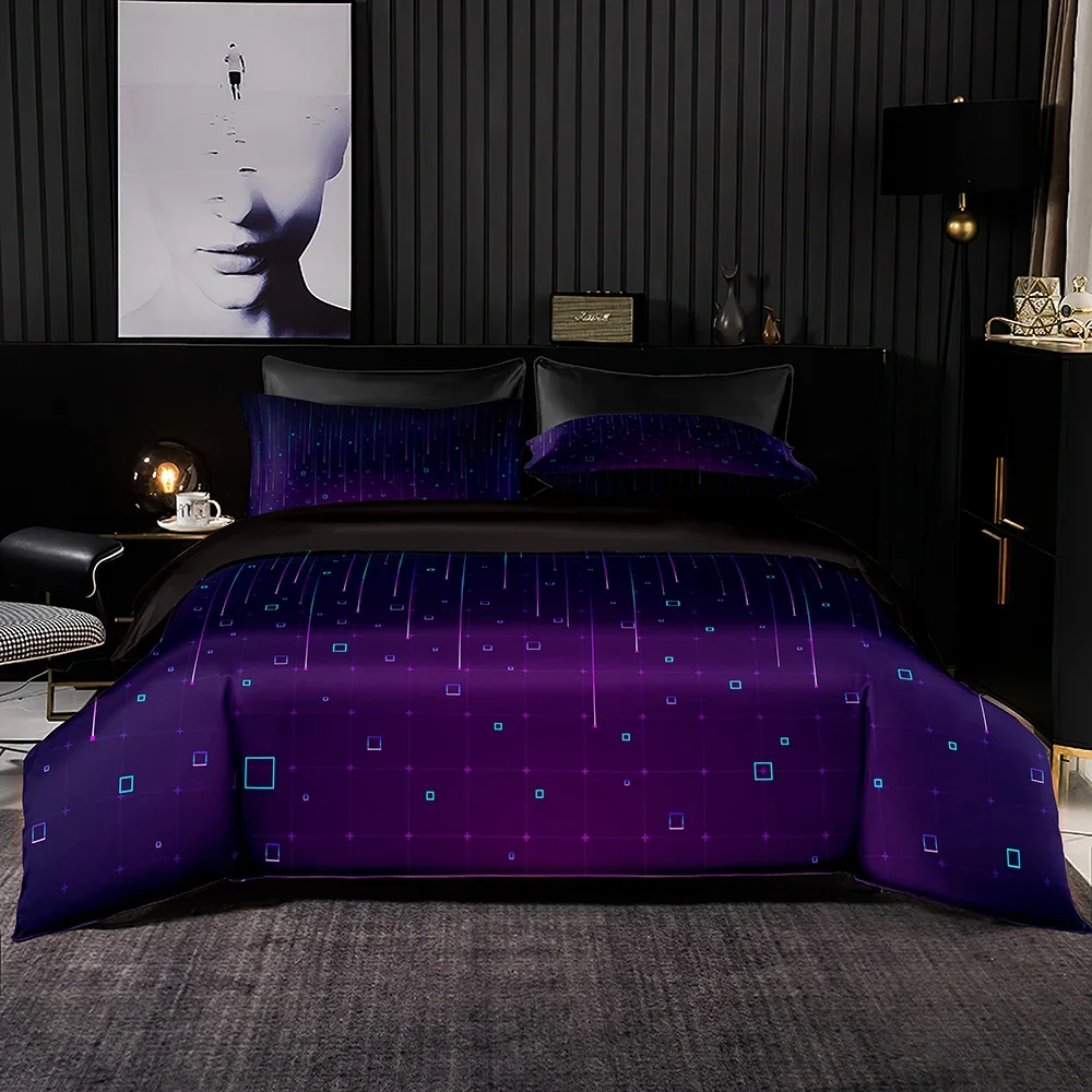 Romantic Euro Bedding Set 2/3Pcs,Dark Purple Duvet Cover with Pillowcase,Blue Different Square Pattern for Queen King Full Size