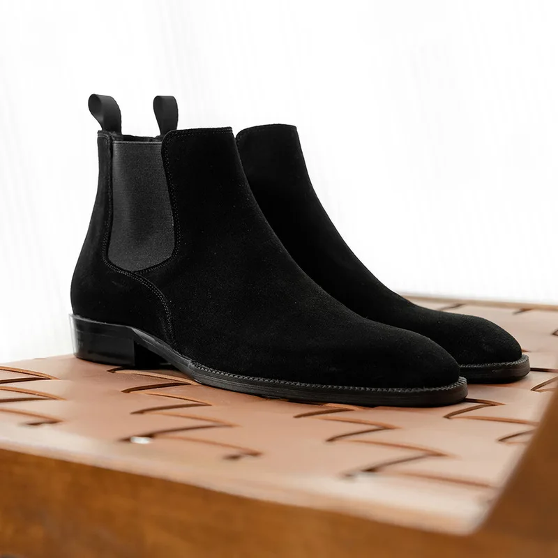 Business Formal Wear British Men's Boots Small Square Toe Cow Suede Light Luxury Chelsea Leather Boots