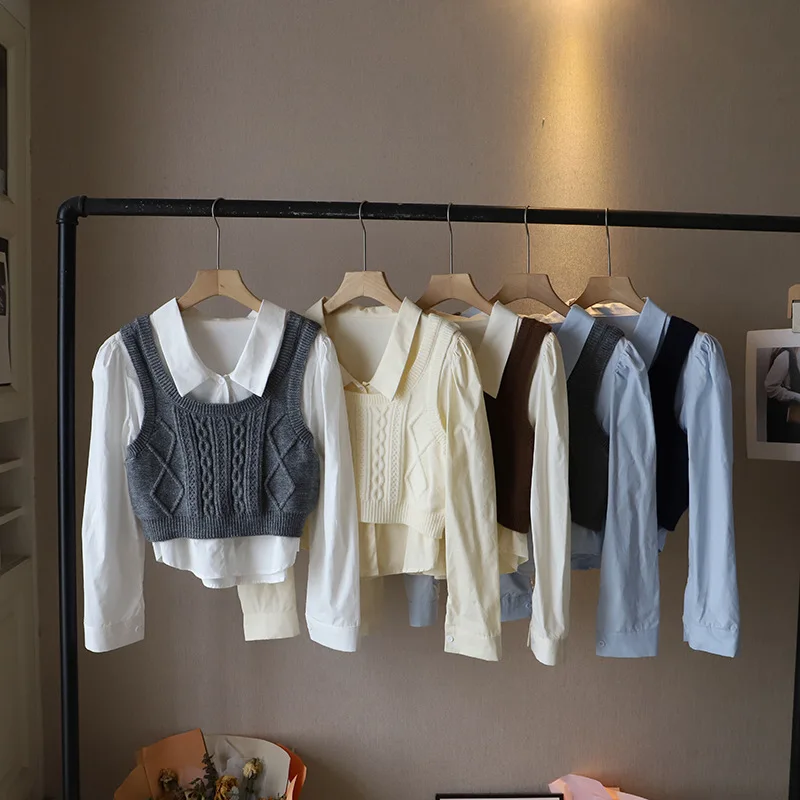 College Sle Long Sve Bubble irt Gilet lavorato a maglia Set due pezzi Autunno Nuova versione coreana Ele Top a strati irt