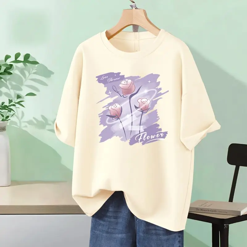 Women\'s Flowers Printed Short Sleeve T-shirt, High Quality Pure Cotton, Loose casual O-neck Pullover, Basics Tops, Summer S-5XL