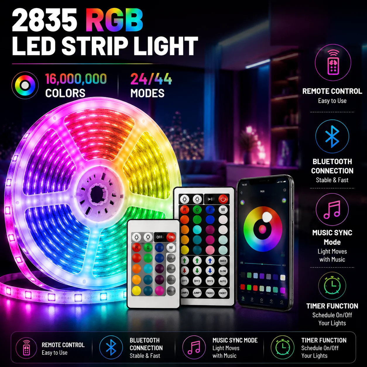 USB 2835 RGB LED Strip Bluetooth & Remote Control, 44 Modes Music Sync Millions Gradient Colors Dimmable Bedroom Festival Decor