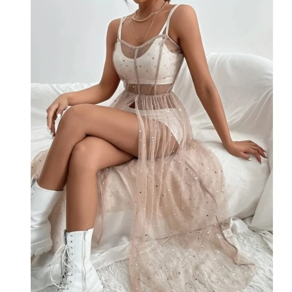 

Suspender Mesh Bikini Cover-up Dress Summer Women's Fashion Star See-through Mesh Sexy Slim Slit Dress Платье Женское Ropa Mujer