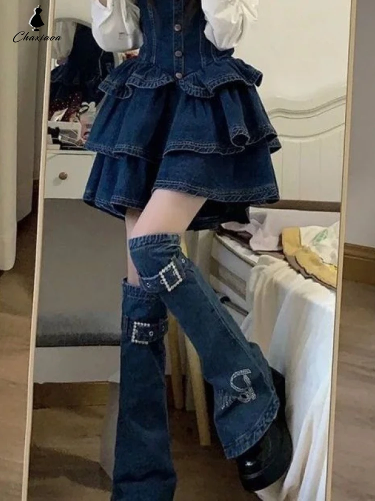 Denim Suspender Dress Spring New Style Women\'s Sweet Y2K Solid Color Shirt Waist Ruffled Skirt Design Short Skirt Suit