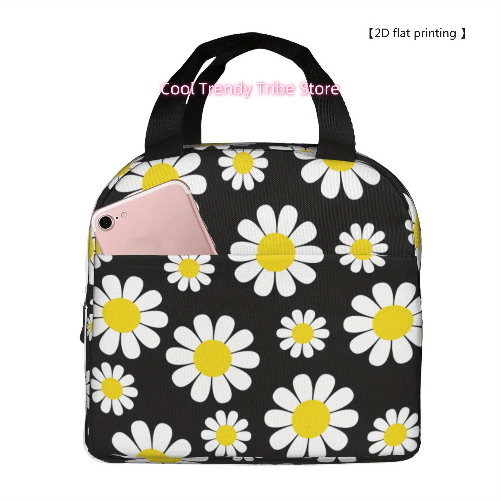 1pc Daisy Pattern Portable Reusable Cooler Bag - Black with White Daisies, Insulated Lunch Bag for Camping, Picnic, Beach, Home,
